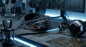 Wireless microphone transmitter in focus with a defocused video editing interface behind it, illustrating AI video editing and podcast production