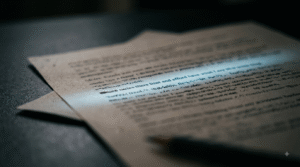 A single line of text lit apart from surrounding blurred text, illustrating how prompt injection hides instructions inside ordinary content