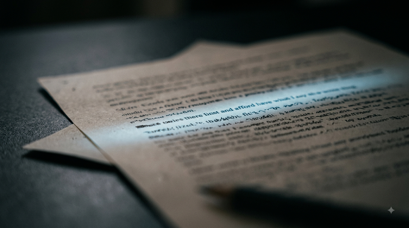 A single line of text lit apart from surrounding blurred text, illustrating how prompt injection hides instructions inside ordinary content