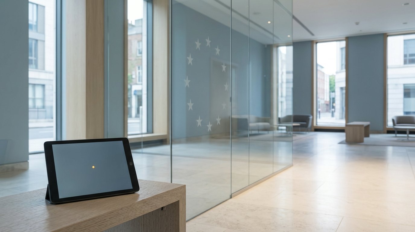 EU AI Act transparency rules illustrated by a tablet interface in a European institutional setting