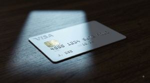 An unbranded payment card half lit and half in shadow, illustrating delegated spending authority in agentic commerce