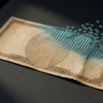 Banknote dissolving into a grid of illuminated digital squares, illustrating central bank digital currency