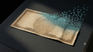 Banknote dissolving into a grid of illuminated digital squares, illustrating central bank digital currency