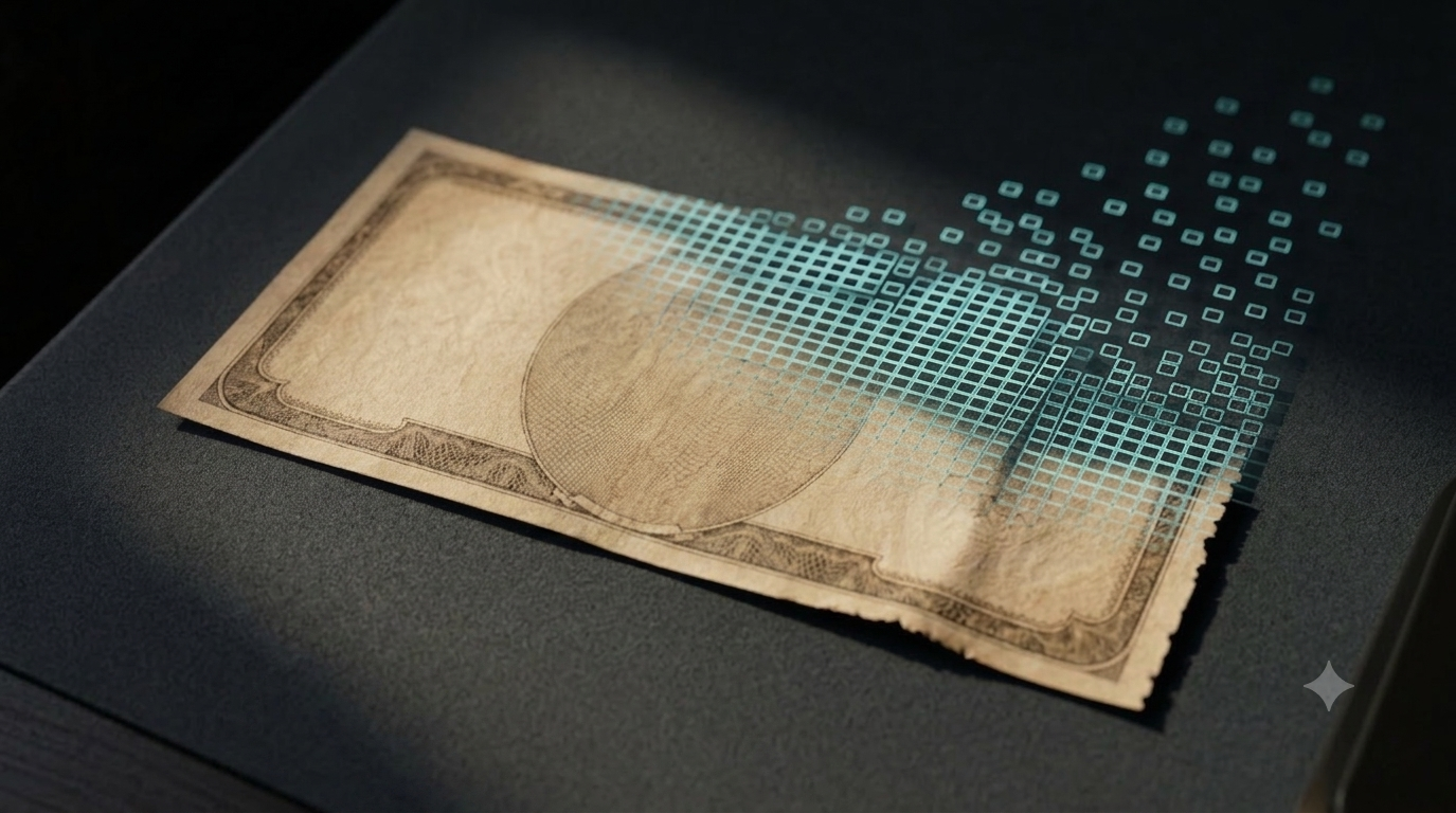 Banknote dissolving into a grid of illuminated digital squares, illustrating central bank digital currency