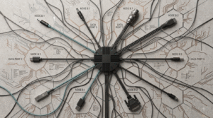 A single hub with six cables radiating to different connectors, illustrating how the Model Context Protocol connects AI to many tools