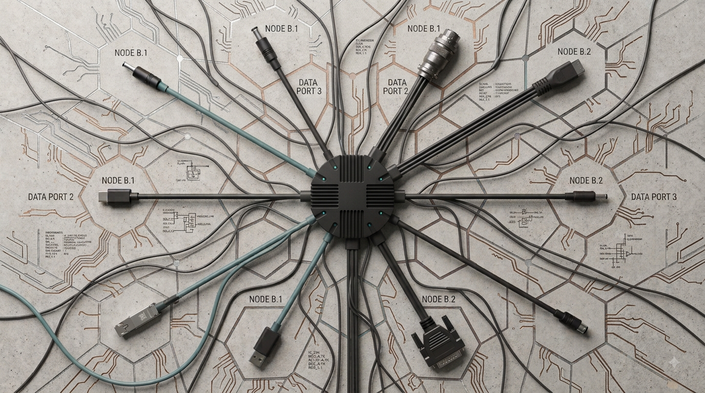 A single hub with six cables radiating to different connectors, illustrating how the Model Context Protocol connects AI to many tools