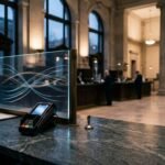 Stablecoin infrastructure moving into traditional banking, shown by a modern payment terminal inside a classical bank interior