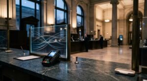 Stablecoin infrastructure moving into traditional banking, shown by a modern payment terminal inside a classical bank interior