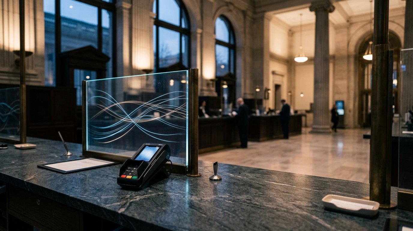 Stablecoin infrastructure moving into traditional banking, shown by a modern payment terminal inside a classical bank interior