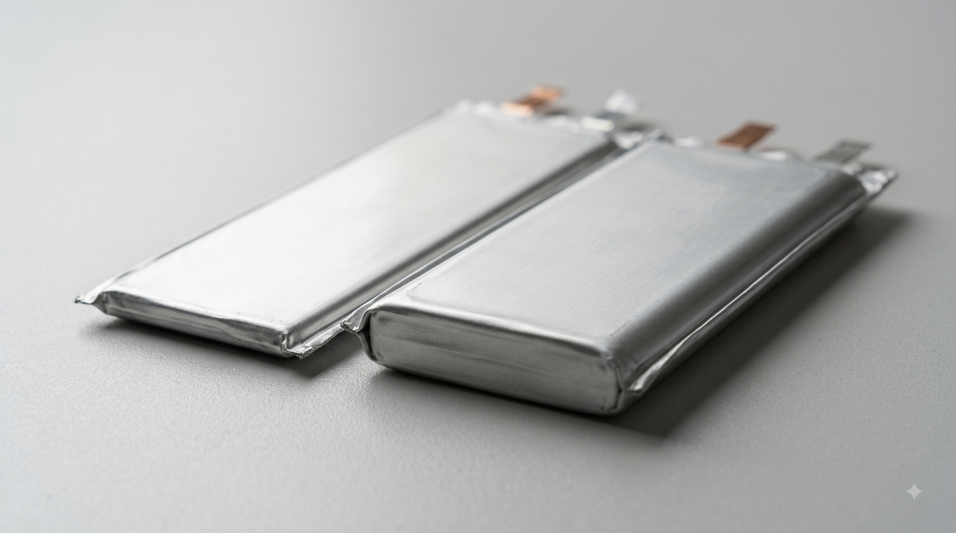 Two unbranded battery cells side by side with one visibly slimmer, illustrating silicon carbon battery energy density