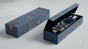 Two identical boxes, one sealed and one open showing internal machinery, illustrating AI agents vs chatbots