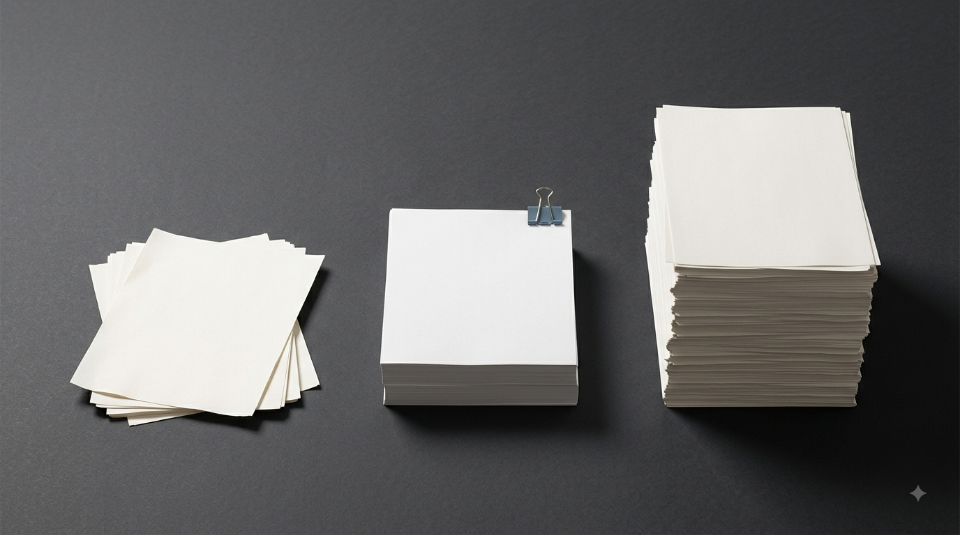 Three stacks of paper of very different heights, illustrating uneven AI Overviews traffic impact across publisher sizes