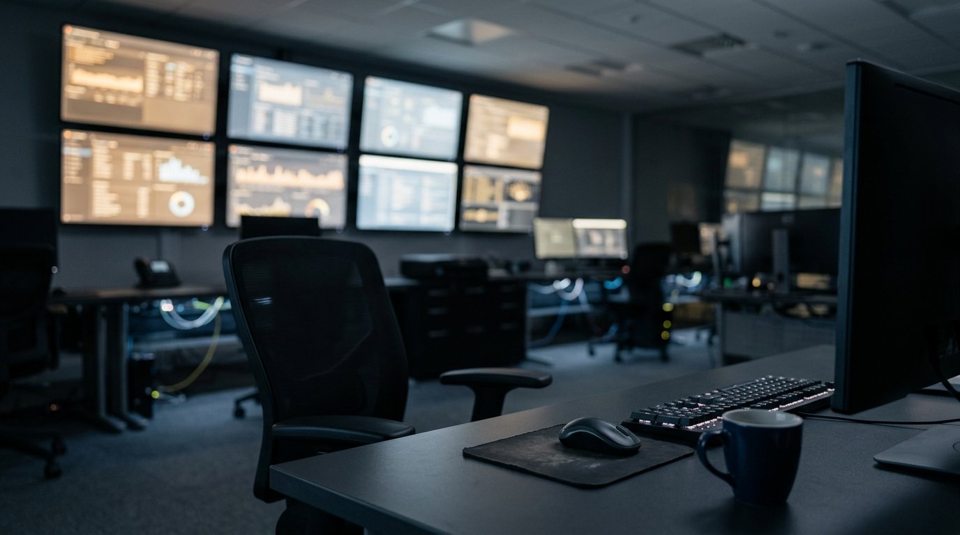 AI agent cyberattacks proceed without human oversight, shown by an empty security operations desk