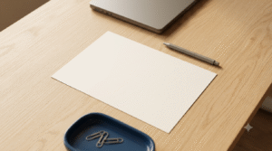 Blank sheet of paper and pen on a desk, representing writing an AI governance policy for a business