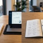 Build vs buy software decision shown as a desk split between SaaS invoices and hand-drawn tool designs