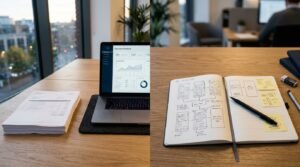 Build vs buy software decision shown as a desk split between SaaS invoices and hand-drawn tool designs