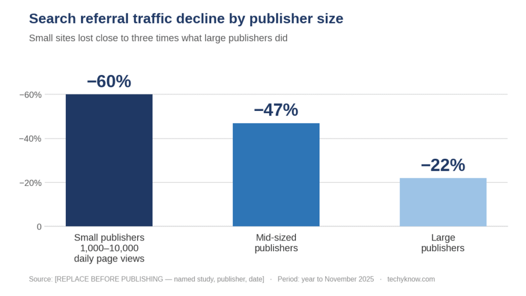 Bar chart showing search referral traffic decline of about 60% for small publishers, 47% mid-sized and 22% large